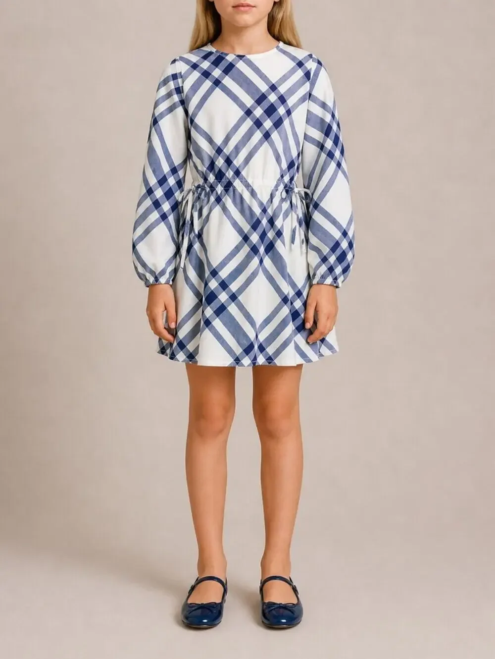 NWT Burberry Girls Blue Plaid Long Sleeve Drawstring Waist Dress 10Y 10